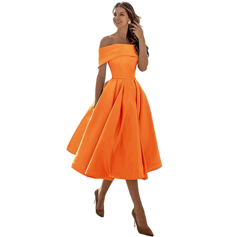 Women's Fashion Casual Strapless Satin Party Dress Off The Shoulder Tea Length Satin Prom Dresses With Pockts Formal Evening Party Dress Vibrant Vaults
