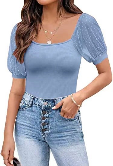 Fashionable See-through Slim Patchwork Short Sleeve Vibrant Vaults