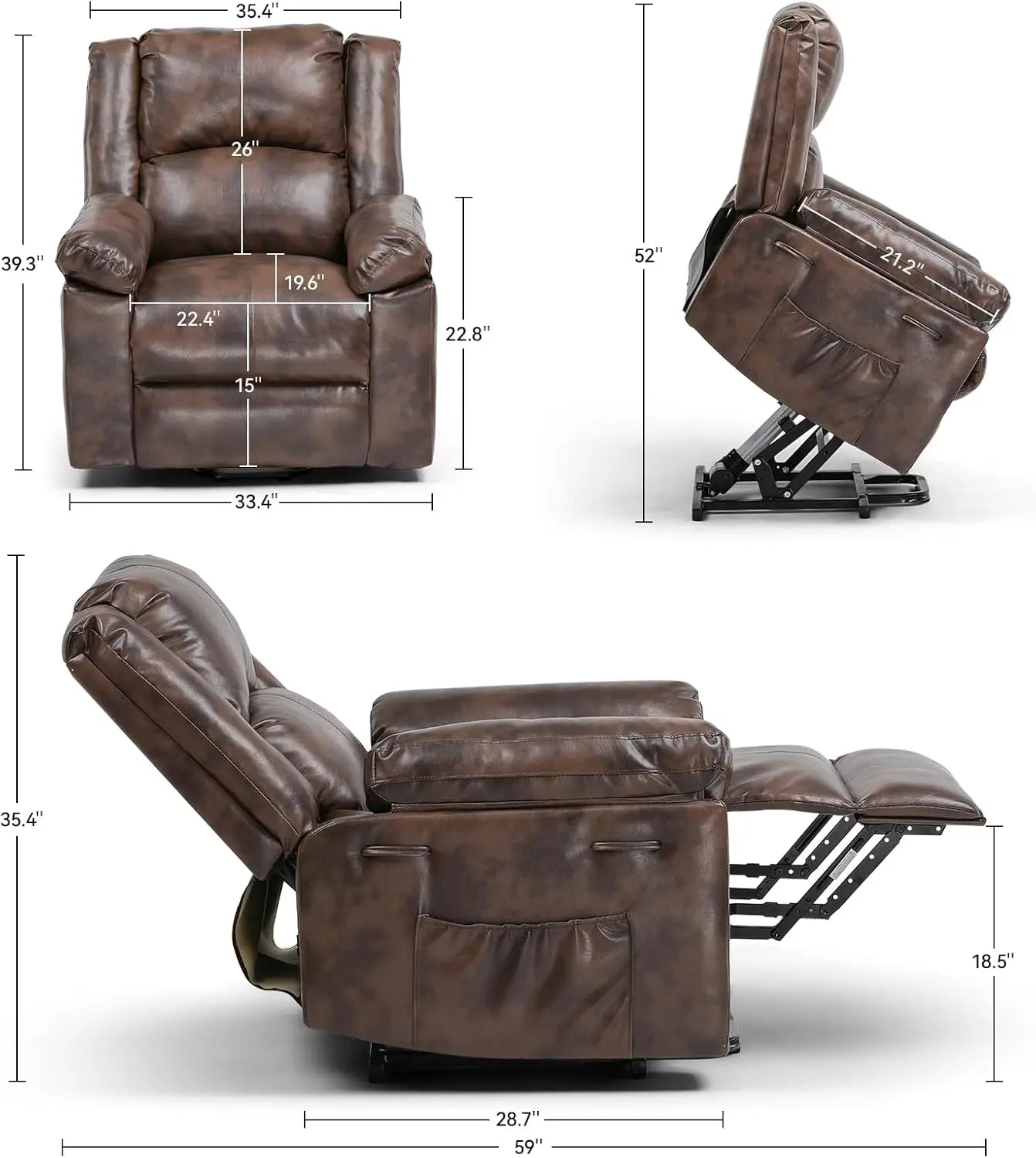 Power Lift Recliner for Elderly Lift Chair with Heat and PU Recliner Sofa with Timing Function 2 Side Pockets Vibrant Vaults