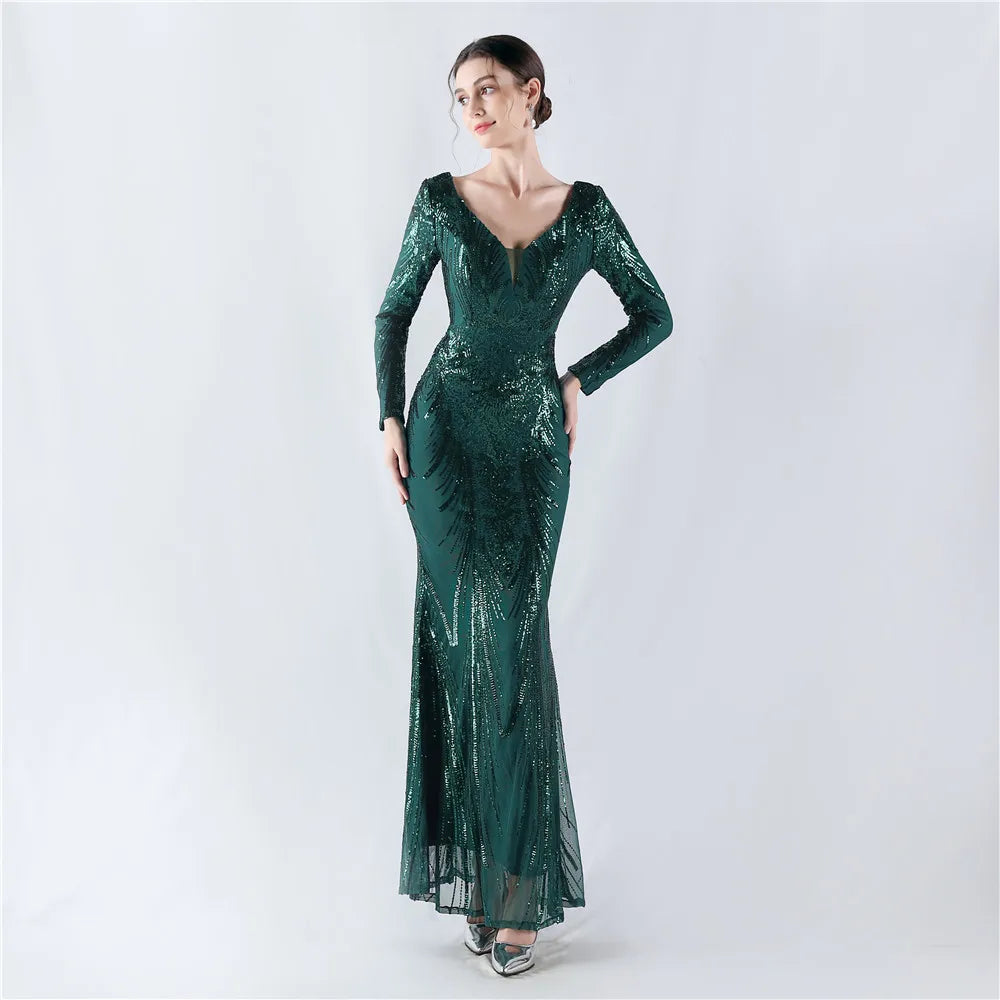 Women's V Neck Long Sleeve Elegant Sequin Floral Mermaid Bodycon Formal Party Gown Evening Maxi Dress Vibrant Vaults