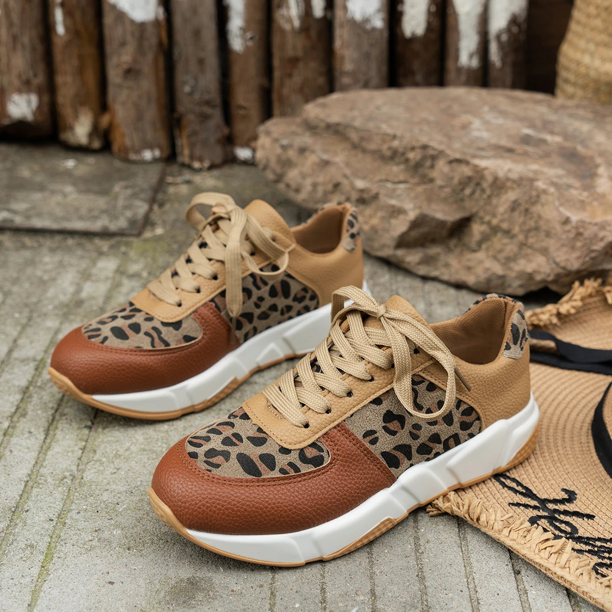 Women Casual Platform Shoes 2024 Round Toe Low-top Leopard Wedge Sneakers Women Comfortable Lace Up Outdoor Shoes for Women Vibrant Vaults