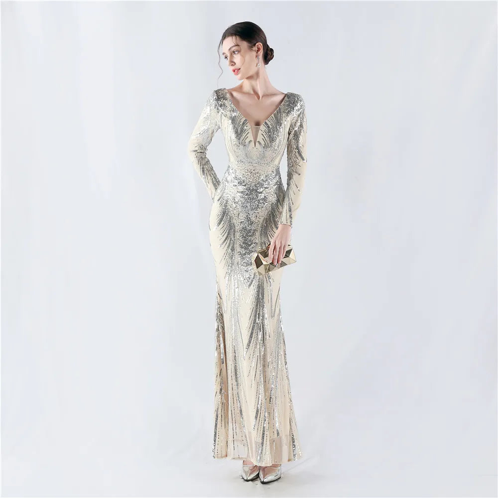 Women's V Neck Long Sleeve Elegant Sequin Floral Mermaid Bodycon Formal Party Gown Evening Maxi Dress Vibrant Vaults