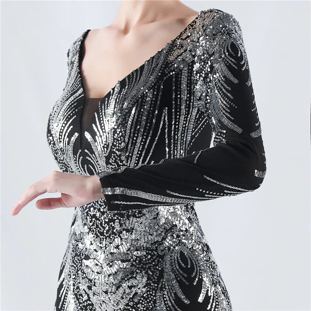 Women's V Neck Long Sleeve Elegant Sequin Floral Mermaid Bodycon Formal Party Gown Evening Maxi Dress Vibrant Vaults