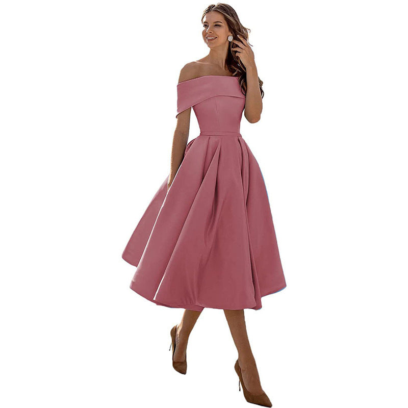 Women's Fashion Casual Strapless Satin Party Dress Off The Shoulder Tea Length Satin Prom Dresses With Pockts Formal Evening Party Dress Vibrant Vaults