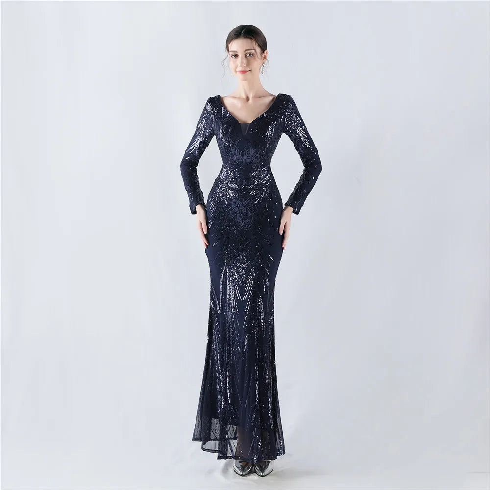 Women's V Neck Long Sleeve Elegant Sequin Floral Mermaid Bodycon Formal Party Gown Evening Maxi Dress Vibrant Vaults