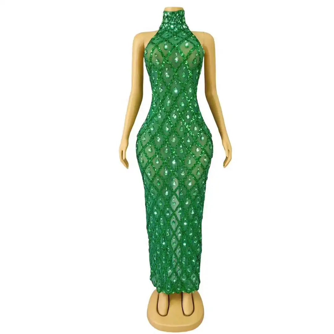 Sparkly Blue Sequins Sleeveless Birthday Dress Shiny Evening Celebrate Outfit Stretch Mesh Transparent Prom Gowns Shaokaijia Vibrant Vaults