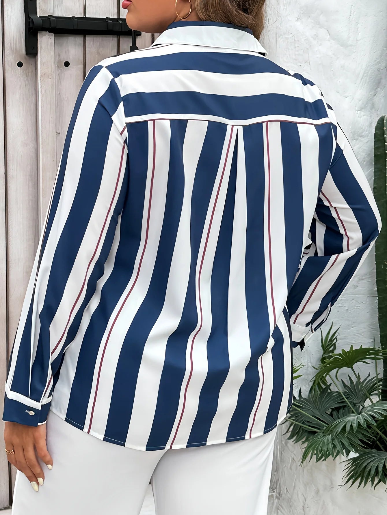 Plus Size Casual Blouse, Women's Plus Stripe Print Long Sleeve Button Up Lapel Collar Shirt Top Vibrant Vaults