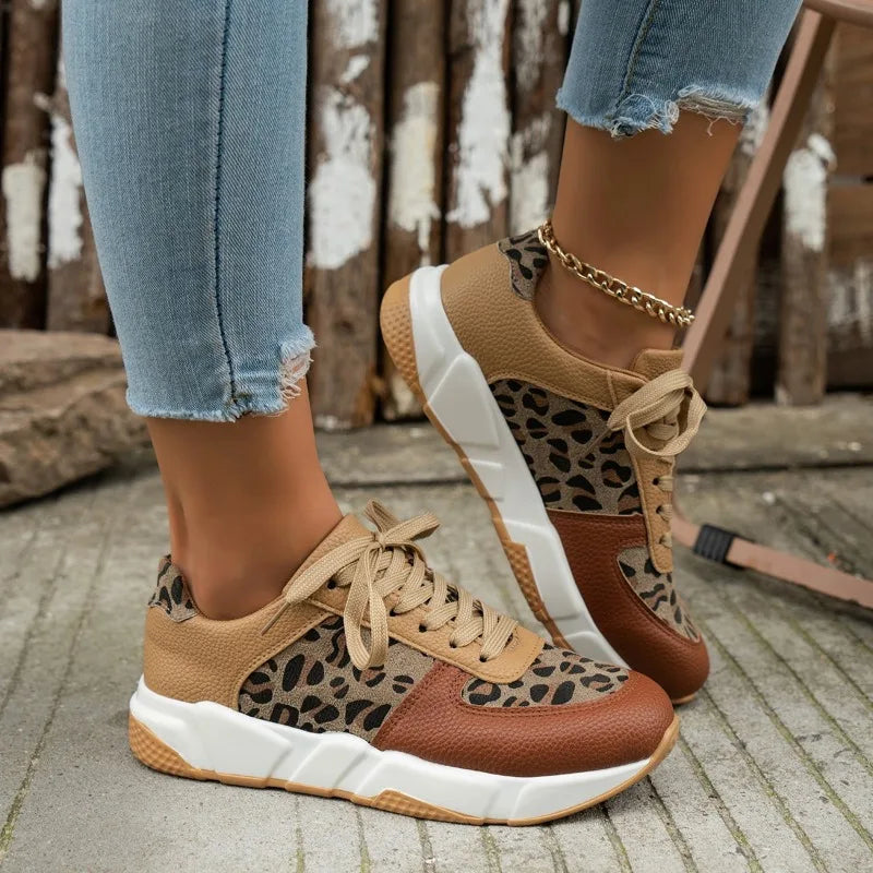 Women Casual Platform Shoes 2024 Round Toe Low-top Leopard Wedge Sneakers Women Comfortable Lace Up Outdoor Shoes for Women Vibrant Vaults