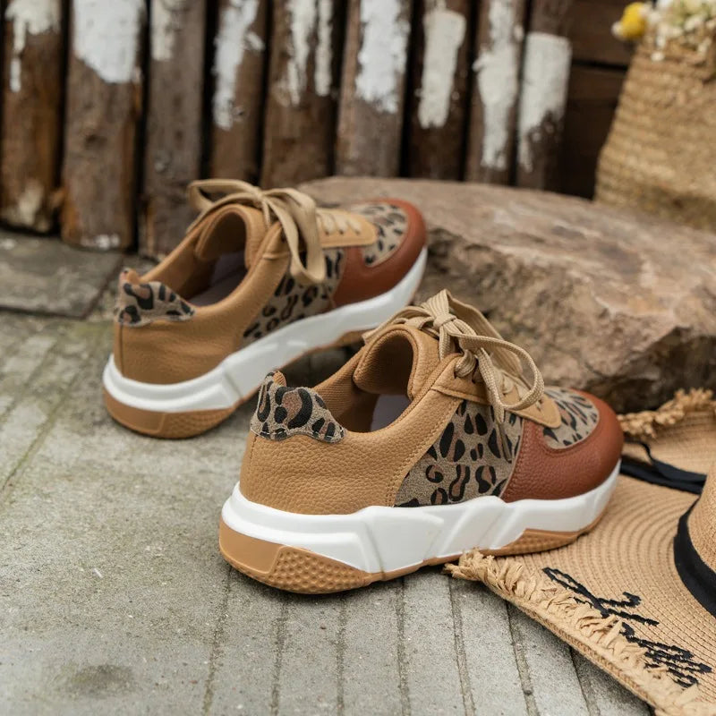 Women Casual Platform Shoes 2024 Round Toe Low-top Leopard Wedge Sneakers Women Comfortable Lace Up Outdoor Shoes for Women Vibrant Vaults