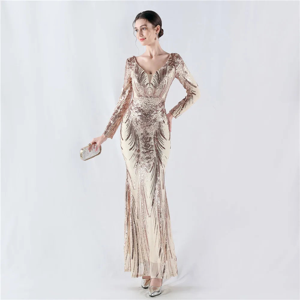 Women's V Neck Long Sleeve Elegant Sequin Floral Mermaid Bodycon Formal Party Gown Evening Maxi Dress Vibrant Vaults