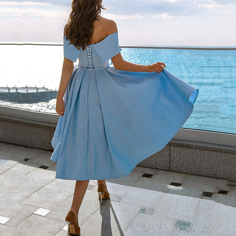 Women's Fashion Casual Strapless Satin Party Dress Off The Shoulder Tea Length Satin Prom Dresses With Pockts Formal Evening Party Dress Vibrant Vaults