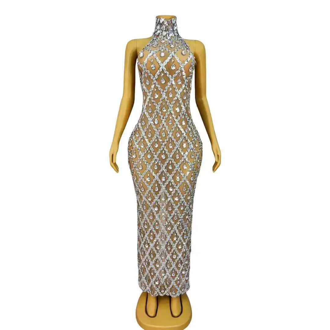 Sparkly Blue Sequins Sleeveless Birthday Dress Shiny Evening Celebrate Outfit Stretch Mesh Transparent Prom Gowns Shaokaijia Vibrant Vaults