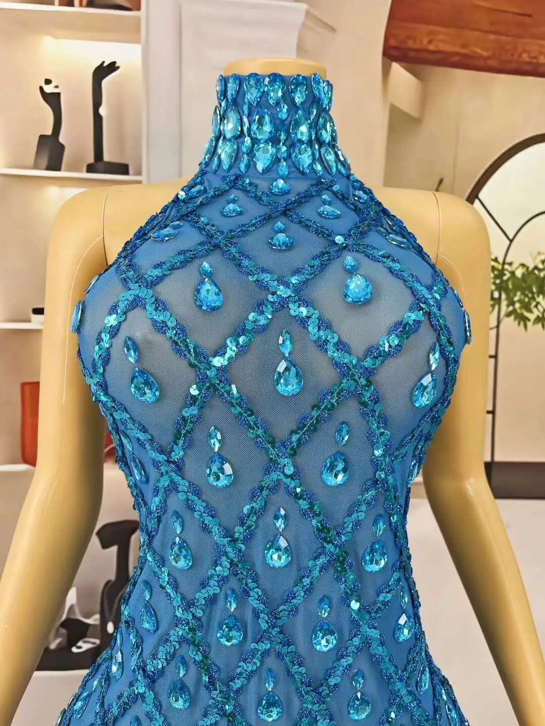 Sparkly Blue Sequins Sleeveless Birthday Dress Shiny Evening Celebrate Outfit Stretch Mesh Transparent Prom Gowns Shaokaijia Vibrant Vaults