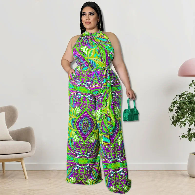 KEXU Plus Size Color Patchwork Women Wide Leg Jumpsuit Elegant Sleeveless Mock Neck Loose Romper 2024 Summer Activewear Outfit Vibrant Vaults