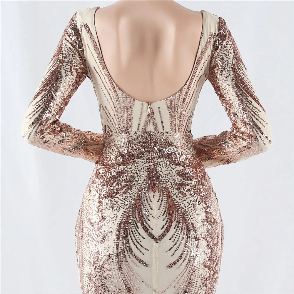 Women's V Neck Long Sleeve Elegant Sequin Floral Mermaid Bodycon Formal Party Gown Evening Maxi Dress Vibrant Vaults