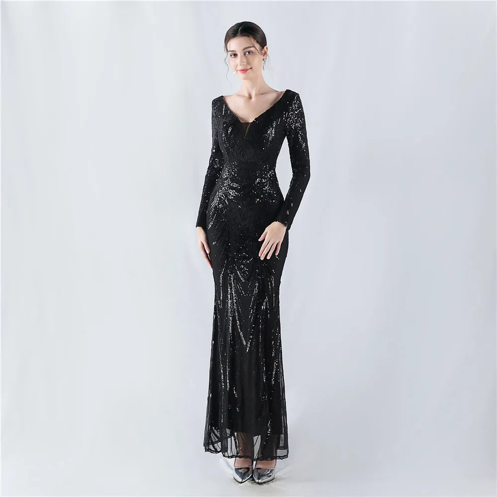 Women's V Neck Long Sleeve Elegant Sequin Floral Mermaid Bodycon Formal Party Gown Evening Maxi Dress Vibrant Vaults