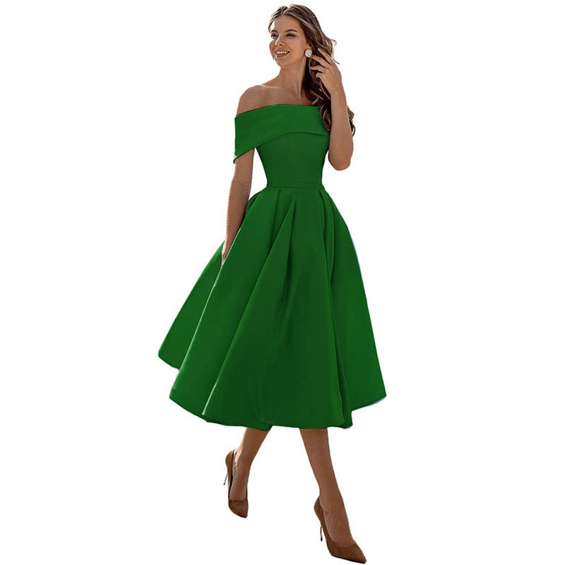 Women's Fashion Casual Strapless Satin Party Dress Off The Shoulder Tea Length Satin Prom Dresses With Pockts Formal Evening Party Dress Vibrant Vaults
