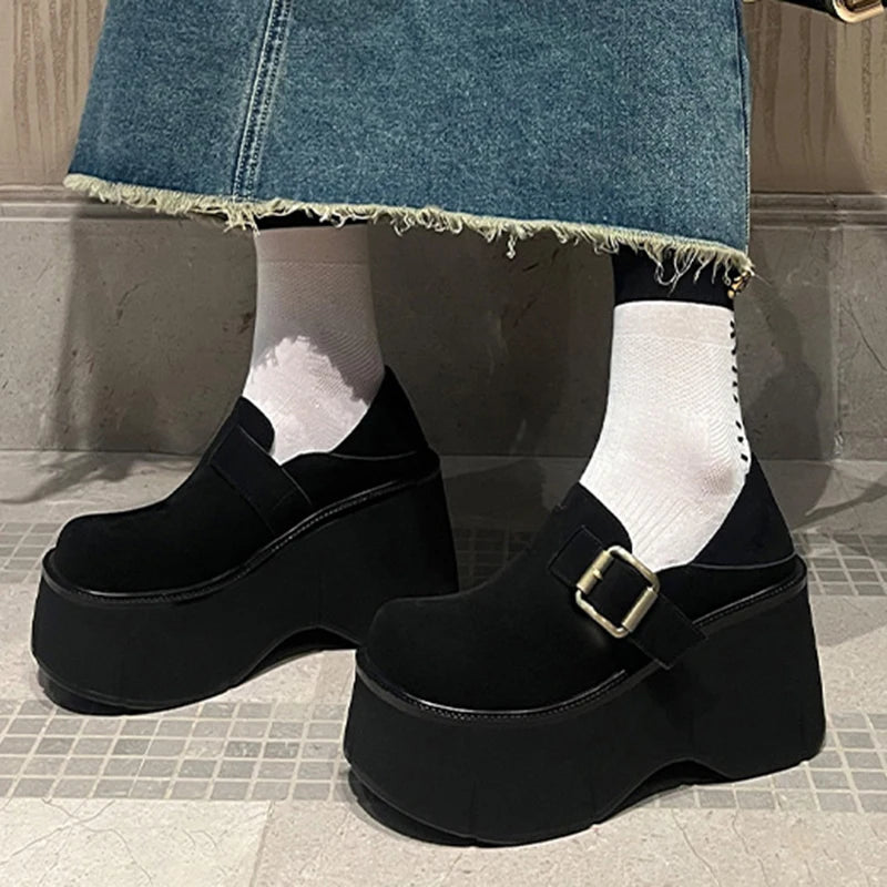Women 9 CM Platform Shoes Punk PU Leather Buckle Design Loafers High Quality Cool Retro Chunky Oxfords Casual Outdoor Shoe 34-39 Vibrant Vaults