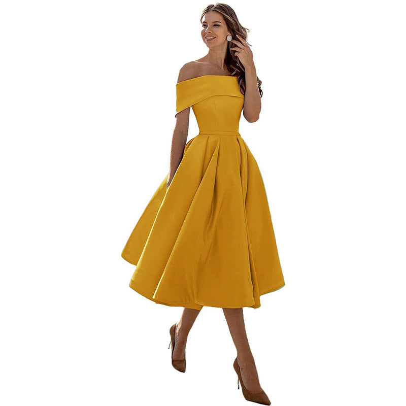 Women's Fashion Casual Strapless Satin Party Dress Off The Shoulder Tea Length Satin Prom Dresses With Pockts Formal Evening Party Dress Vibrant Vaults