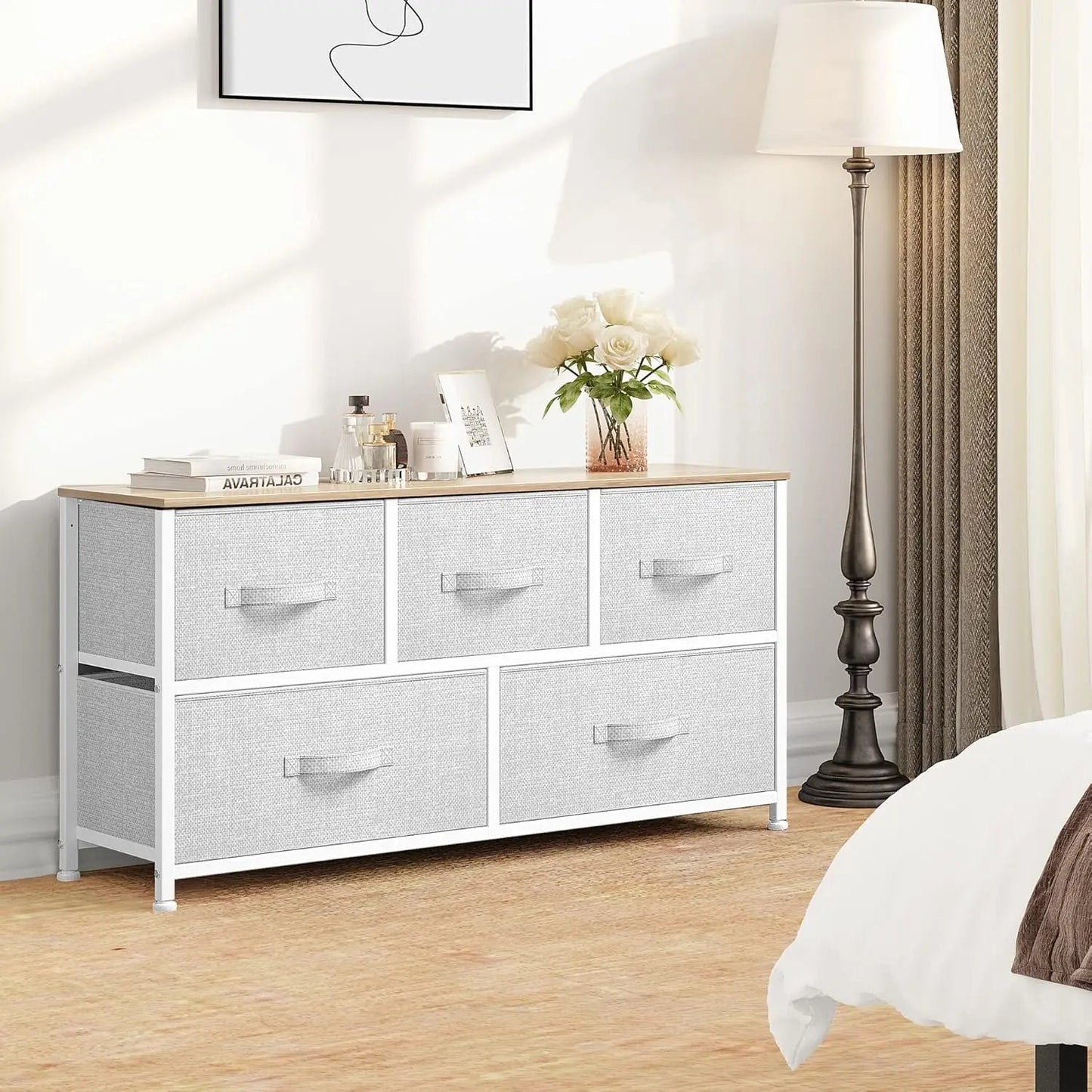 5 Fabric Dresser, Storage Dresser with 5 Drawers, Wide Dresser, Storage Tower, Chest of Drawers for Closet, Living Room Vibrant Vaults