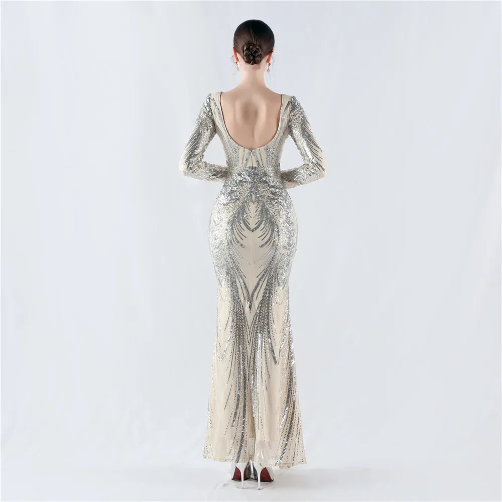 Women's V Neck Long Sleeve Elegant Sequin Floral Mermaid Bodycon Formal Party Gown Evening Maxi Dress Vibrant Vaults