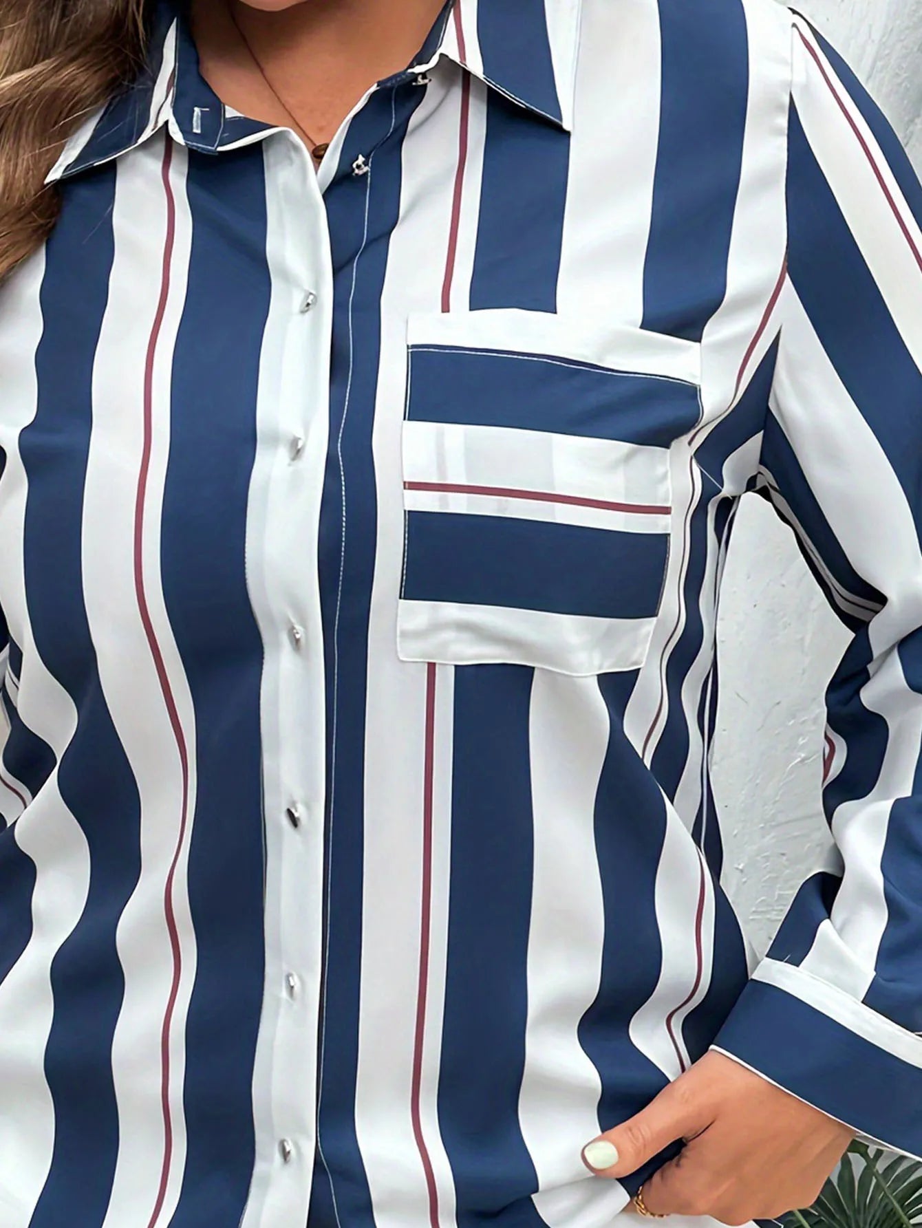 Plus Size Casual Blouse, Women's Plus Stripe Print Long Sleeve Button Up Lapel Collar Shirt Top Vibrant Vaults