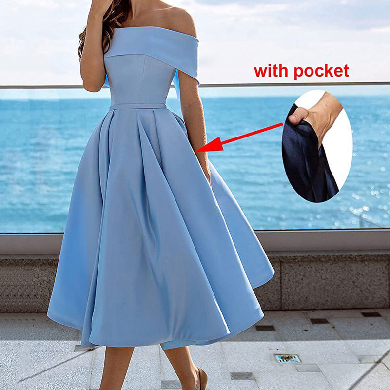 Women's Fashion Casual Strapless Satin Party Dress Off The Shoulder Tea Length Satin Prom Dresses With Pockts Formal Evening Party Dress Vibrant Vaults