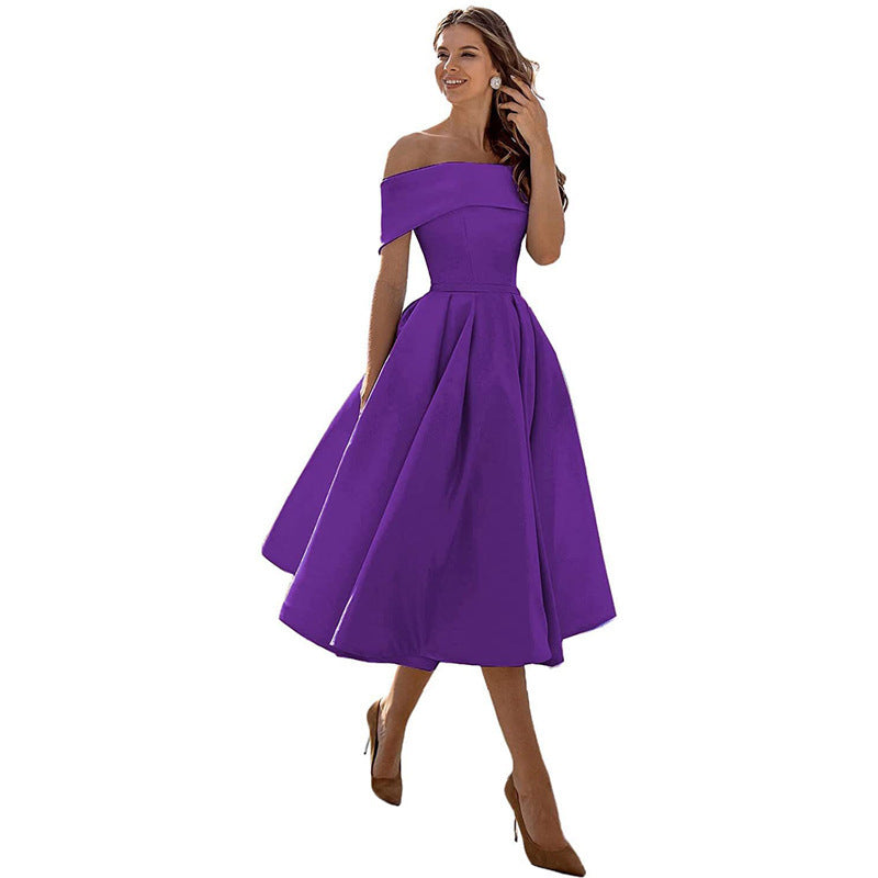 Women's Fashion Casual Strapless Satin Party Dress Off The Shoulder Tea Length Satin Prom Dresses With Pockts Formal Evening Party Dress Vibrant Vaults