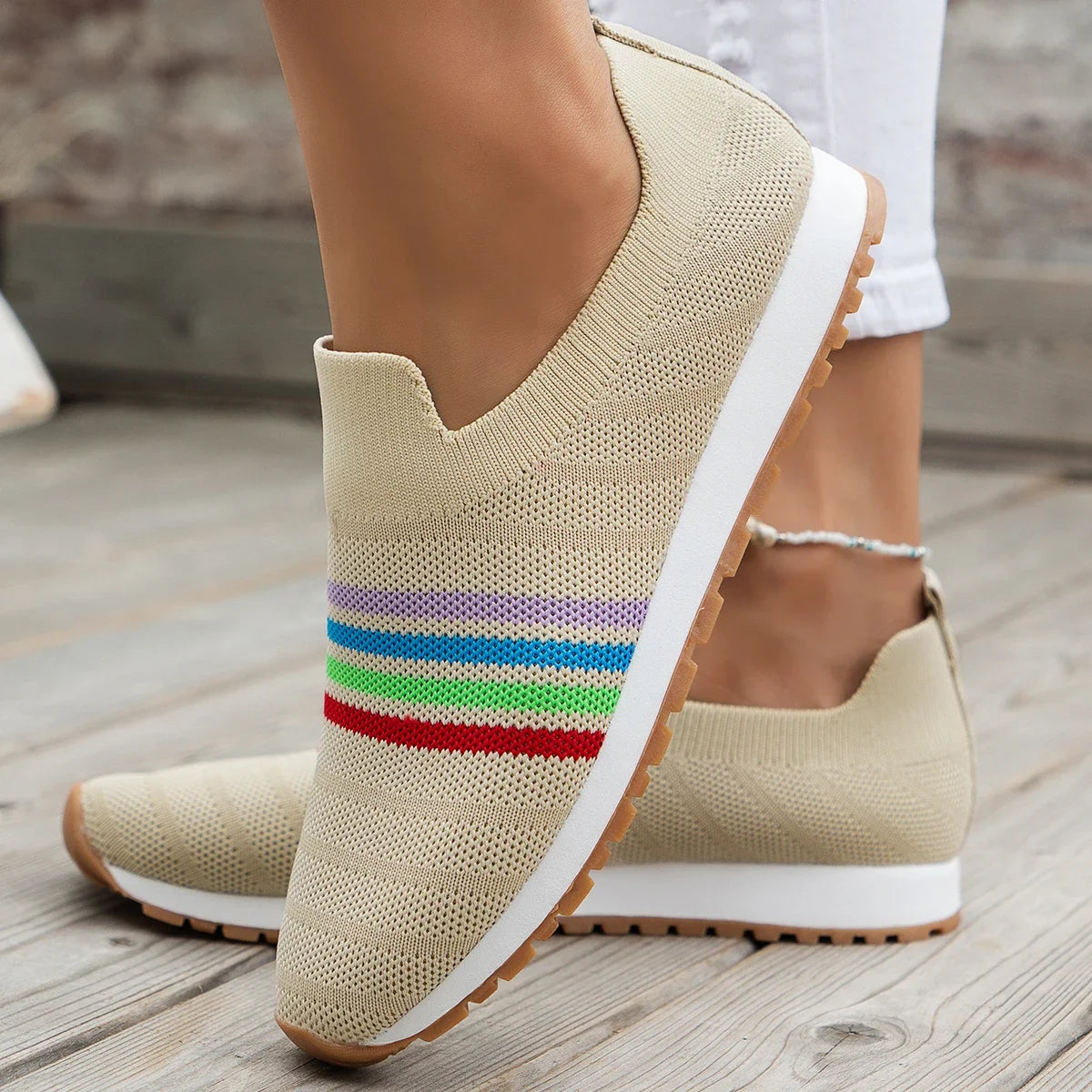 Women Casual Sneakers New Spring Autumn Breathable Mesh Sneakers Women Comfortable Rainbow Knitted Shallow Cut Flat Casual Shoes Vibrant Vaults