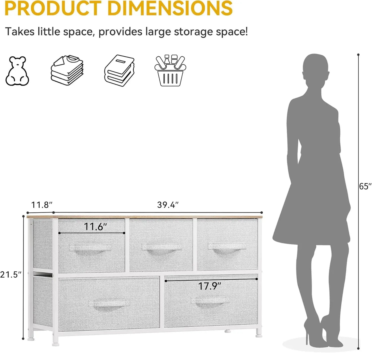 5 Fabric Dresser, Storage Dresser with 5 Drawers, Wide Dresser, Storage Tower, Chest of Drawers for Closet, Living Room Vibrant Vaults