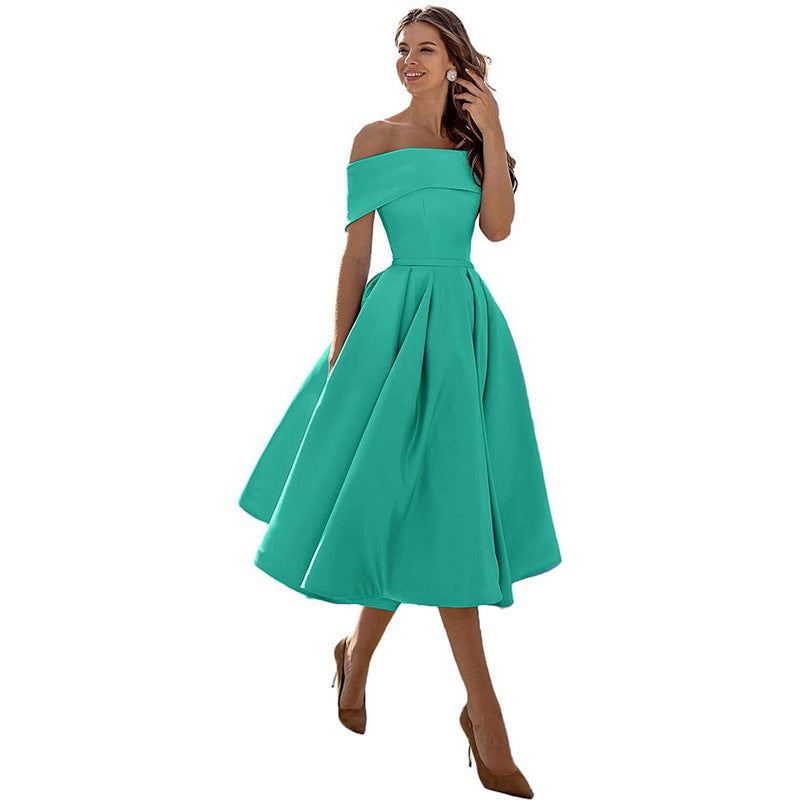 Women's Fashion Casual Strapless Satin Party Dress Off The Shoulder Tea Length Satin Prom Dresses With Pockts Formal Evening Party Dress Vibrant Vaults