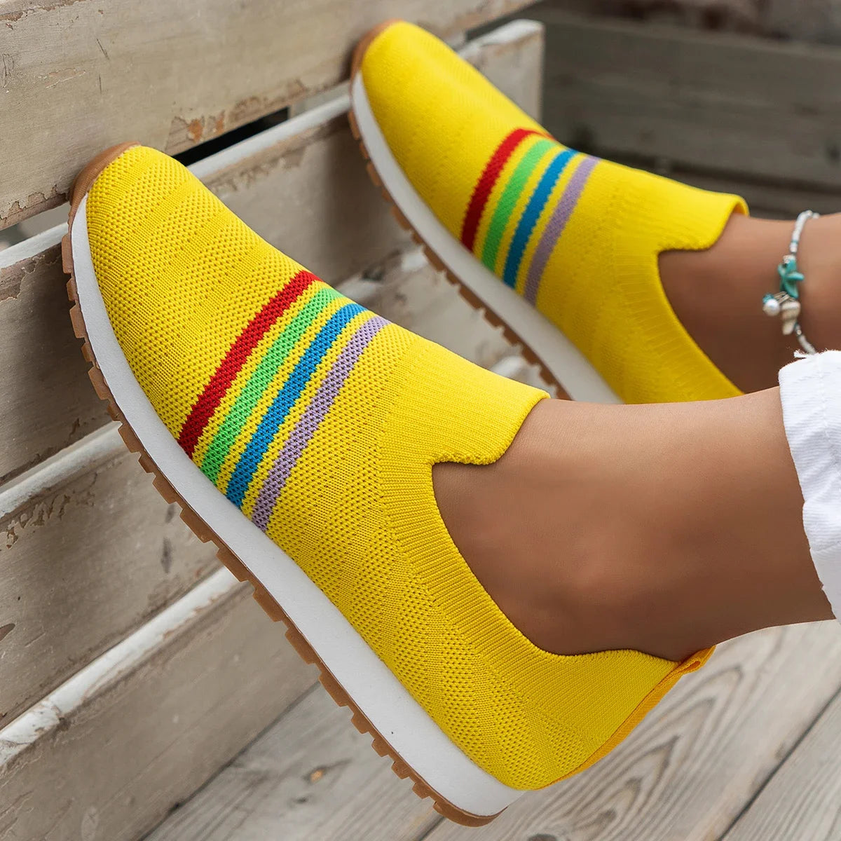Women Casual Sneakers New Spring Autumn Breathable Mesh Sneakers Women Comfortable Rainbow Knitted Shallow Cut Flat Casual Shoes Vibrant Vaults