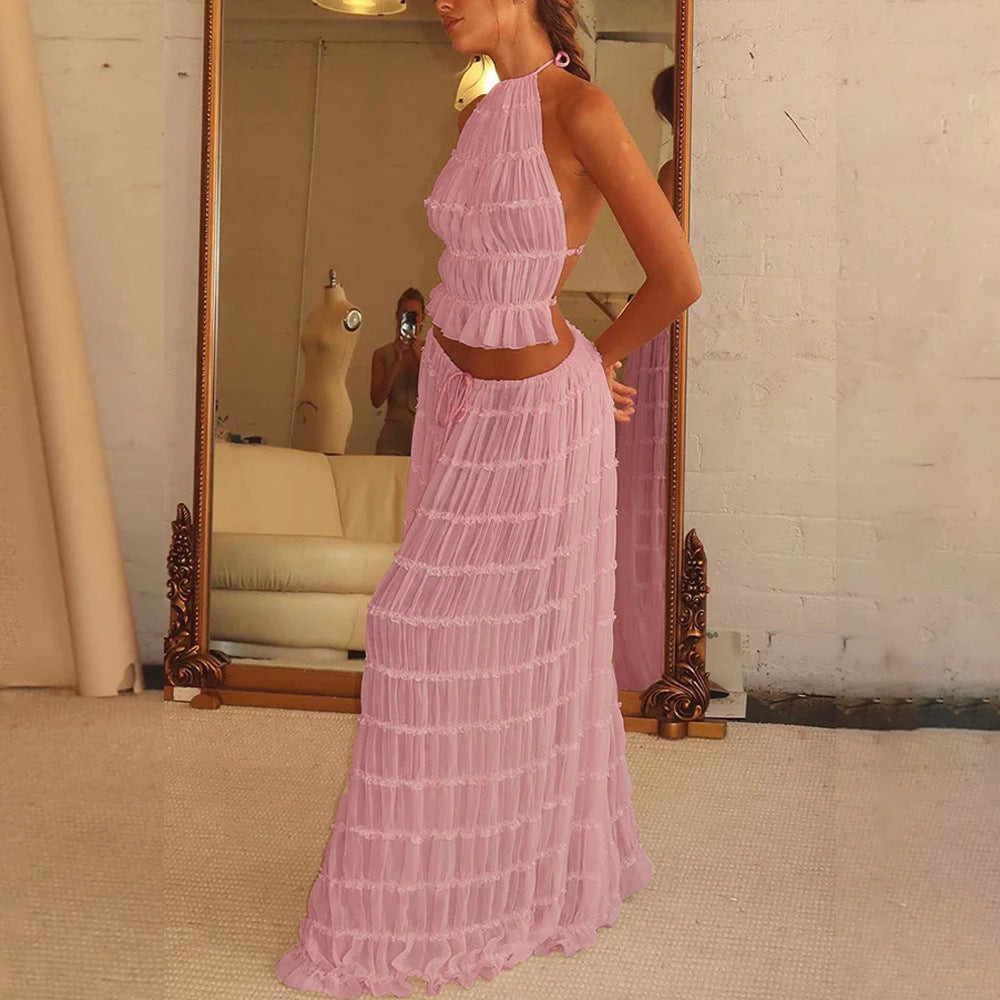 2pcs Women's Dress Suit Sexy Sleeveless Backless Cropped Halter Top And Pleated Long Skirt Beach Clothing Vibrant Vaults