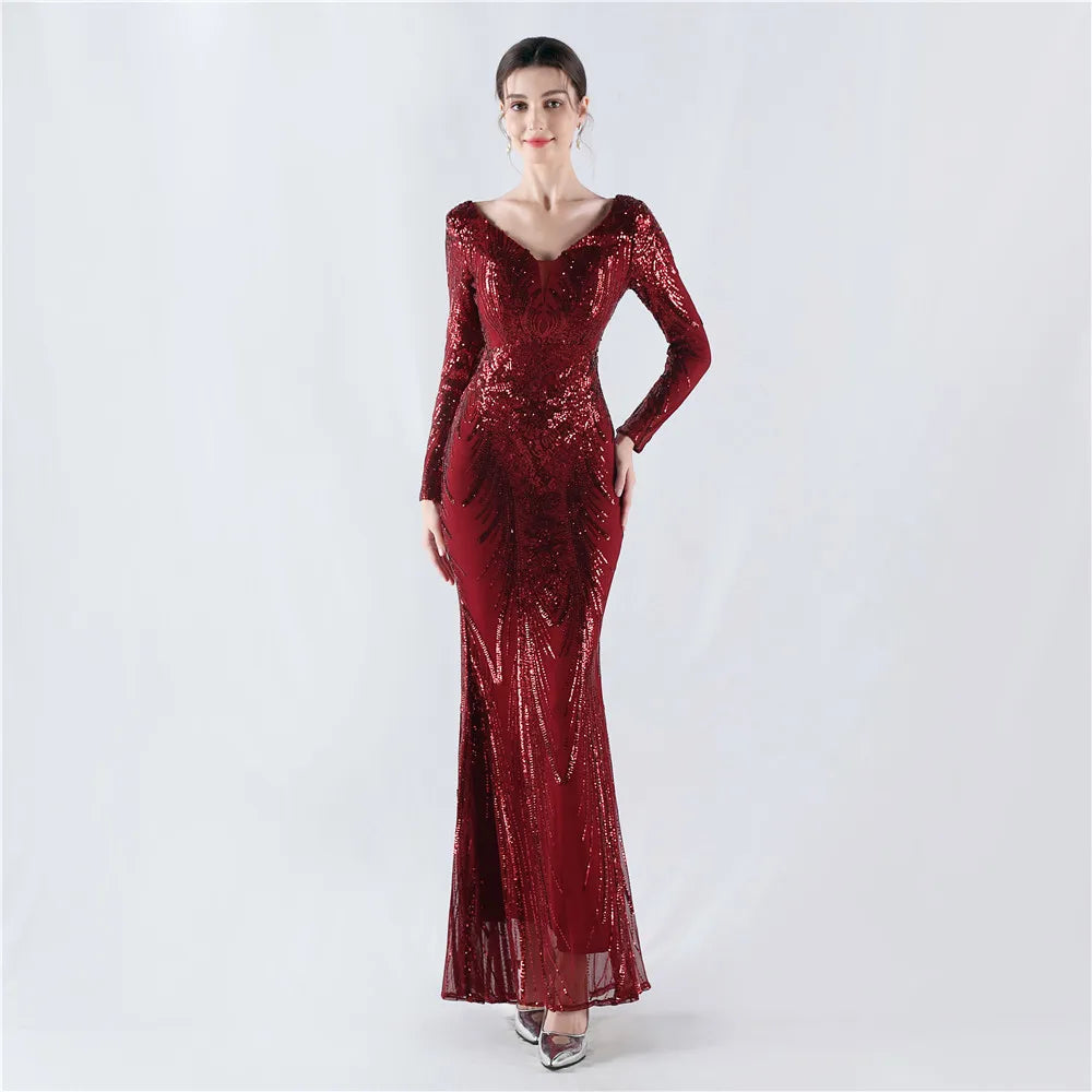 Women's V Neck Long Sleeve Elegant Sequin Floral Mermaid Bodycon Formal Party Gown Evening Maxi Dress Vibrant Vaults