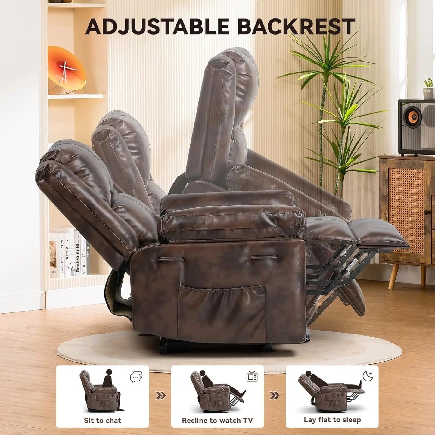 Power Lift Recliner for Elderly Lift Chair with Heat and PU Recliner Sofa with Timing Function 2 Side Pockets Vibrant Vaults