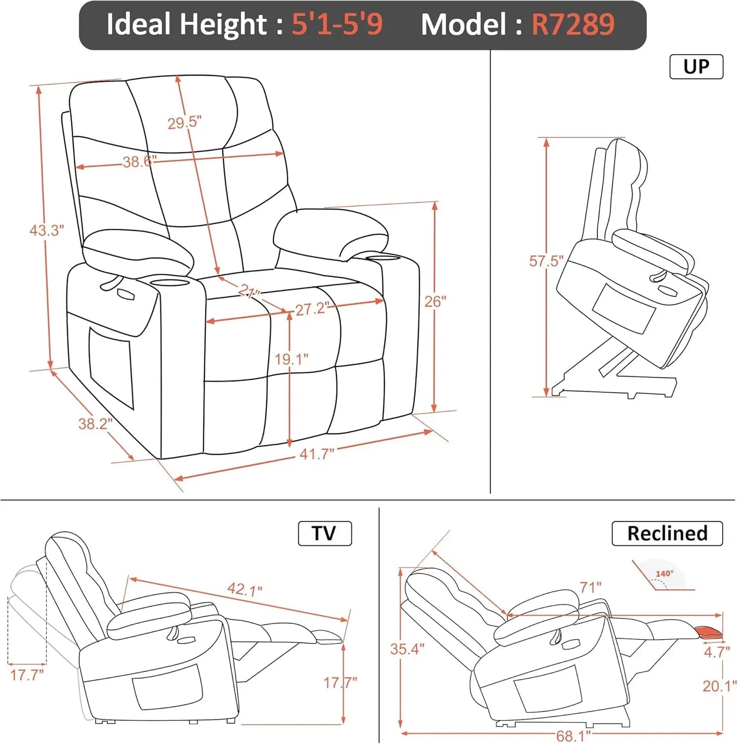 Power Lift Recliner Chair with Extended Footrest for Big Elderly People Faux Leather R7289 (Dark Brown Medium-Wide) Vibrant Vaults