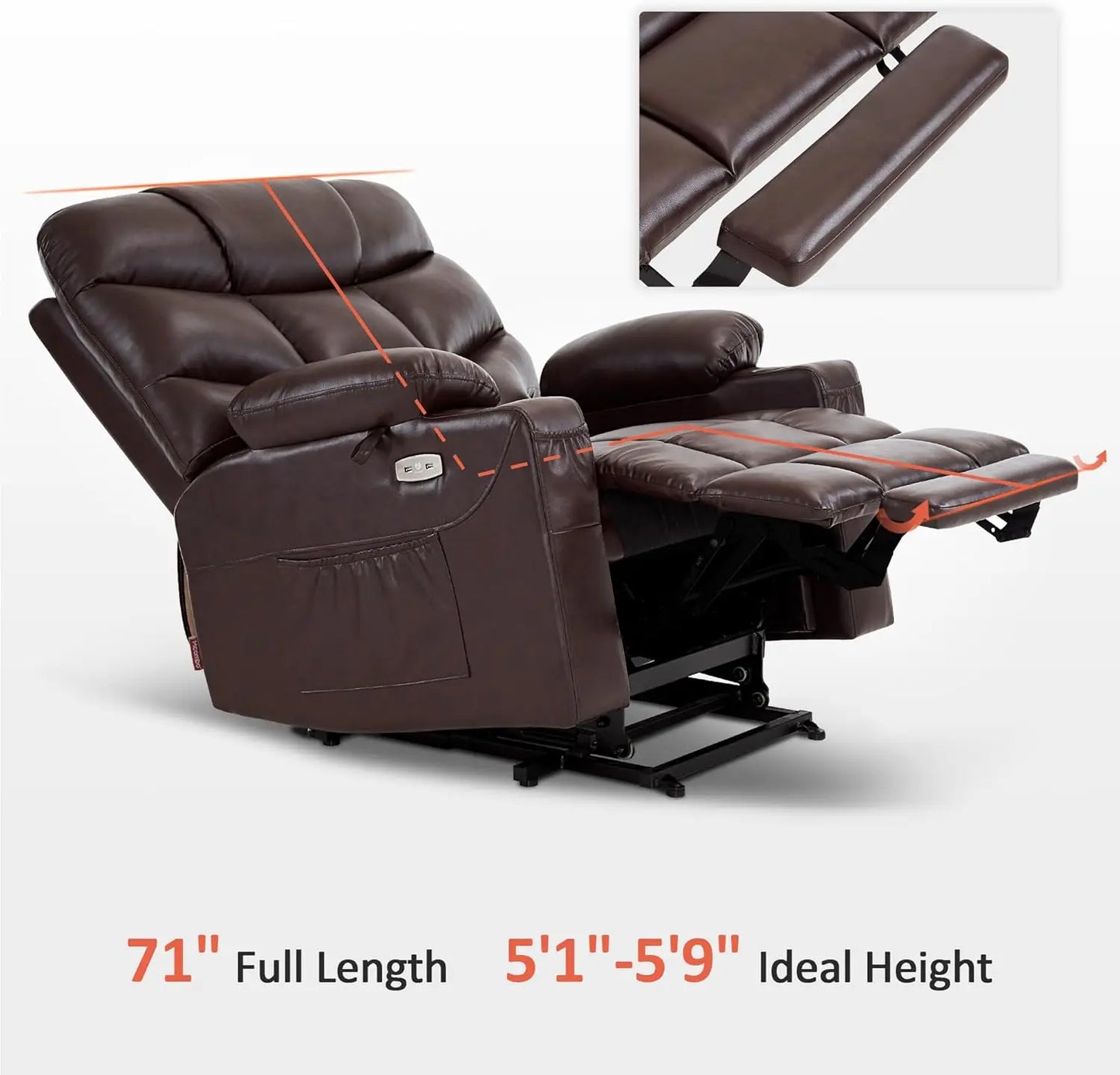 Power Lift Recliner Chair with Extended Footrest for Big Elderly People Faux Leather R7289 (Dark Brown Medium-Wide)