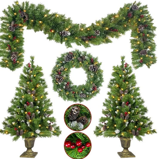 Pre-lit Xmas Tree Artificial Christmas 4-Piece Set,Garland, Wreath And Set Of 2 Entrance Trees X-mas