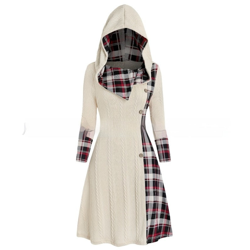 European And American Knitted Hooded Dress Plaid Printed Vibrant Vaults
