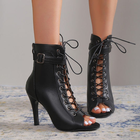 Women's Peep Toe High Heel Pumps Shoes Fashion Lace-up Buckle Sandals With Back Zipper Design Vibrant Vaults