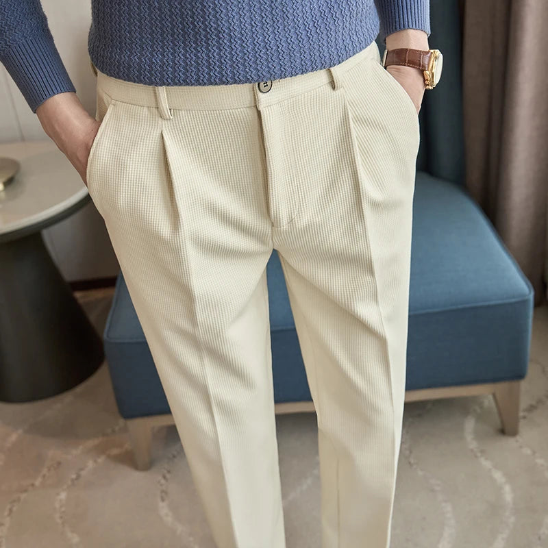 Autumn Winter Woolen Business Casual Suit Pants Men Fashion Particle Stripes Slim Fit Long Trousers Male Black Khaki Beige