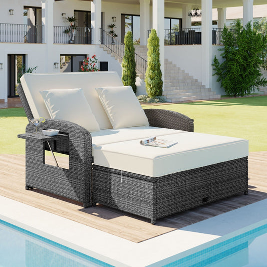 TOPMAX PE Wicker Rattan Double Chaise Lounge, 2-Person Adjustable Daybed Vibrant Vaults