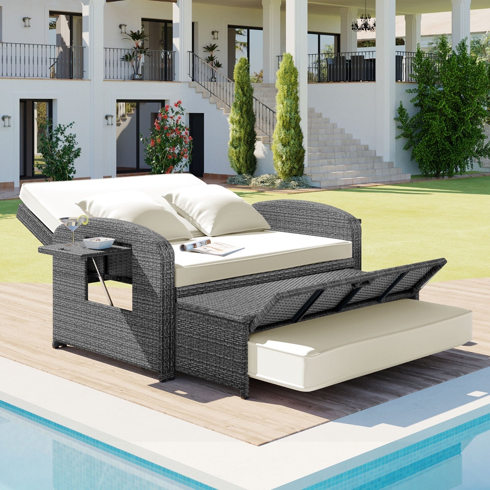 TOPMAX PE Wicker Rattan Double Chaise Lounge, 2-Person Adjustable Daybed Vibrant Vaults
