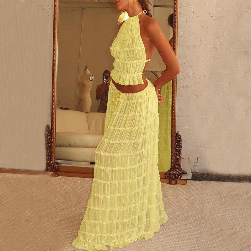 2pcs Women's Dress Suit Sexy Sleeveless Backless Cropped Halter Top And Pleated Long Skirt Beach Clothing Vibrant Vaults