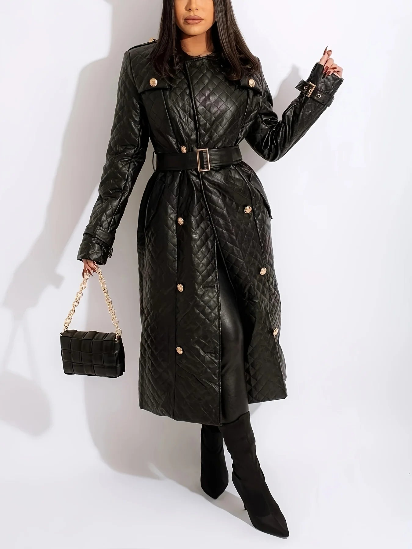 Plus Size Women's Trench Coats Autumn Spring Black Streetwear Leather Jackets Elegant Office Lady Slim Warm Long Coat With Belt