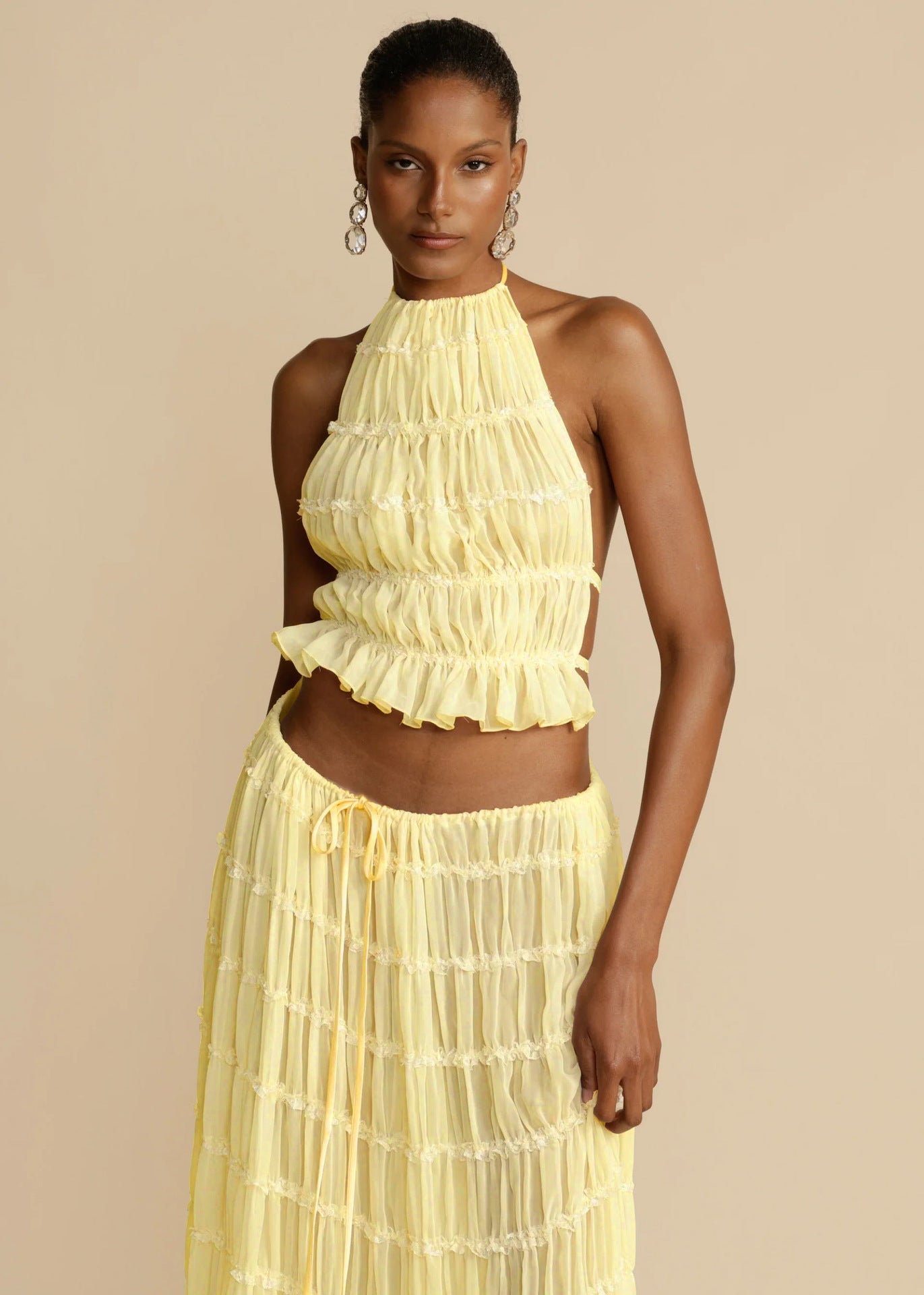 2pcs Women's Dress Suit Sexy Sleeveless Backless Cropped Halter Top And Pleated Long Skirt Beach Clothing Vibrant Vaults