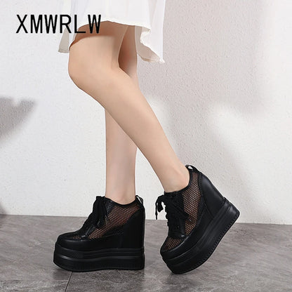 XMWRLW Breathable Mesh Women’s Platform Shoes 2023 Summer High Heels 15cm Female Sneakers Women White Black Shoes Summer Sneaker