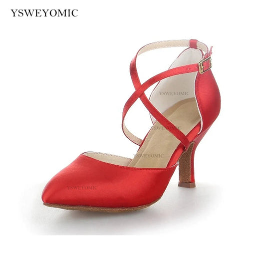 Women's Elegant Ballroom Party Modern Latin Dance Shoes Red Satin Social Waltz Tango Dancing Heels Closed Toe Ballroom Shoes Vibrant Vaults
