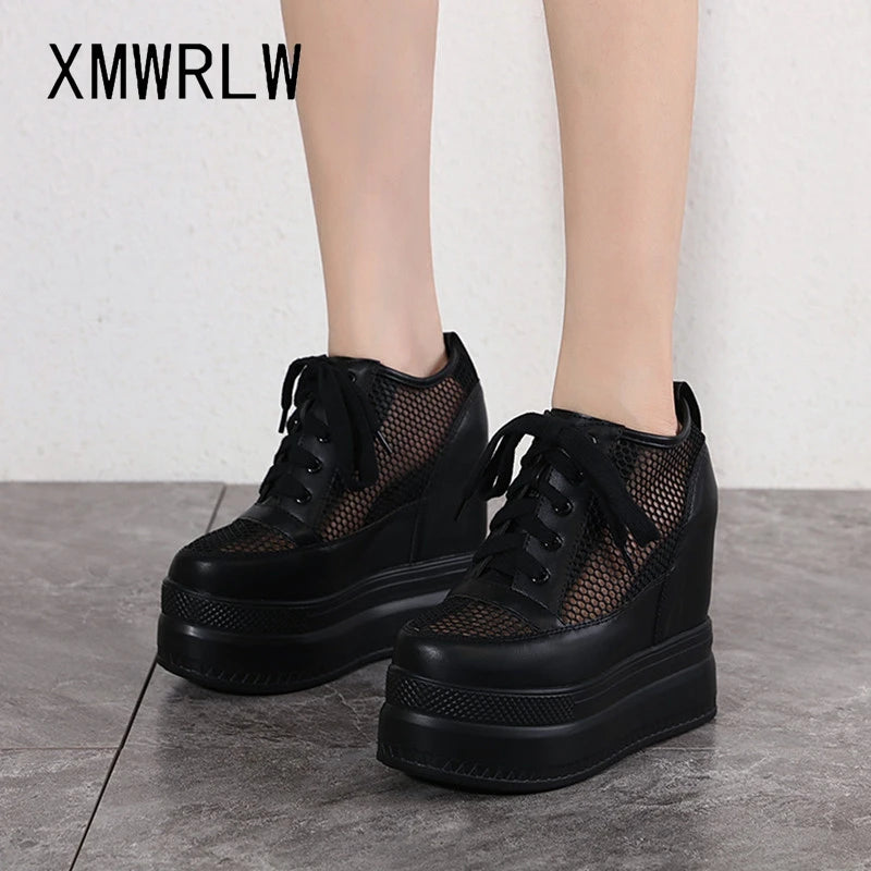 XMWRLW Breathable Mesh Women’s Platform Shoes 2023 Summer High Heels 15cm Female Sneakers Women White Black Shoes Summer Sneaker