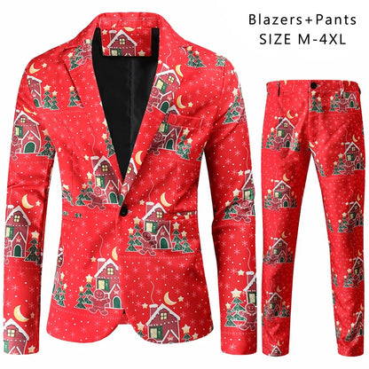 Boutique Men's S-4XL (suit + Trousers) Men's Casual and Comfortable Christmas Fashion 3D Printing Christmas Tree 2-piece Set